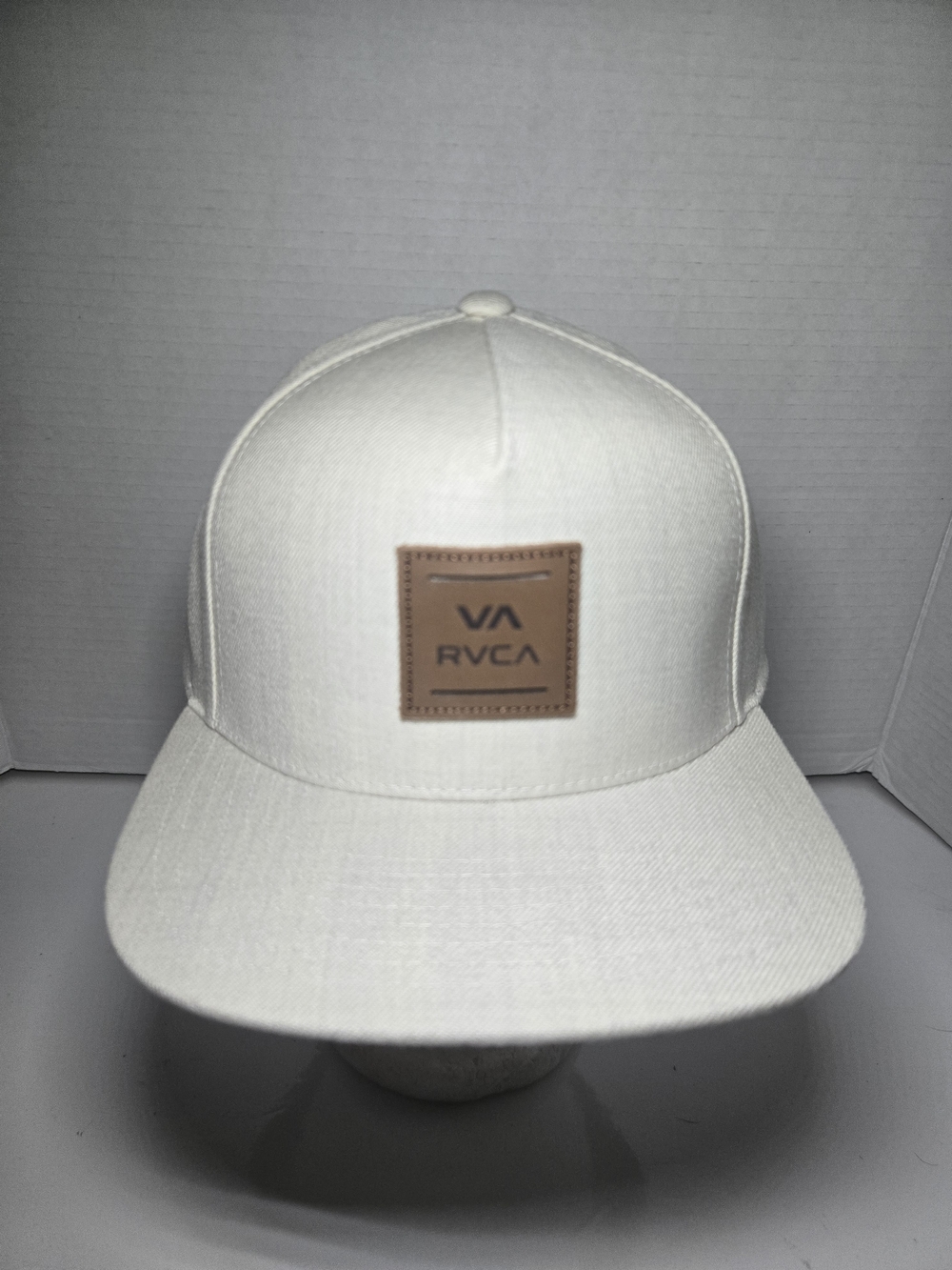 RVCA White Snapback Hat with Tan Leather Patch